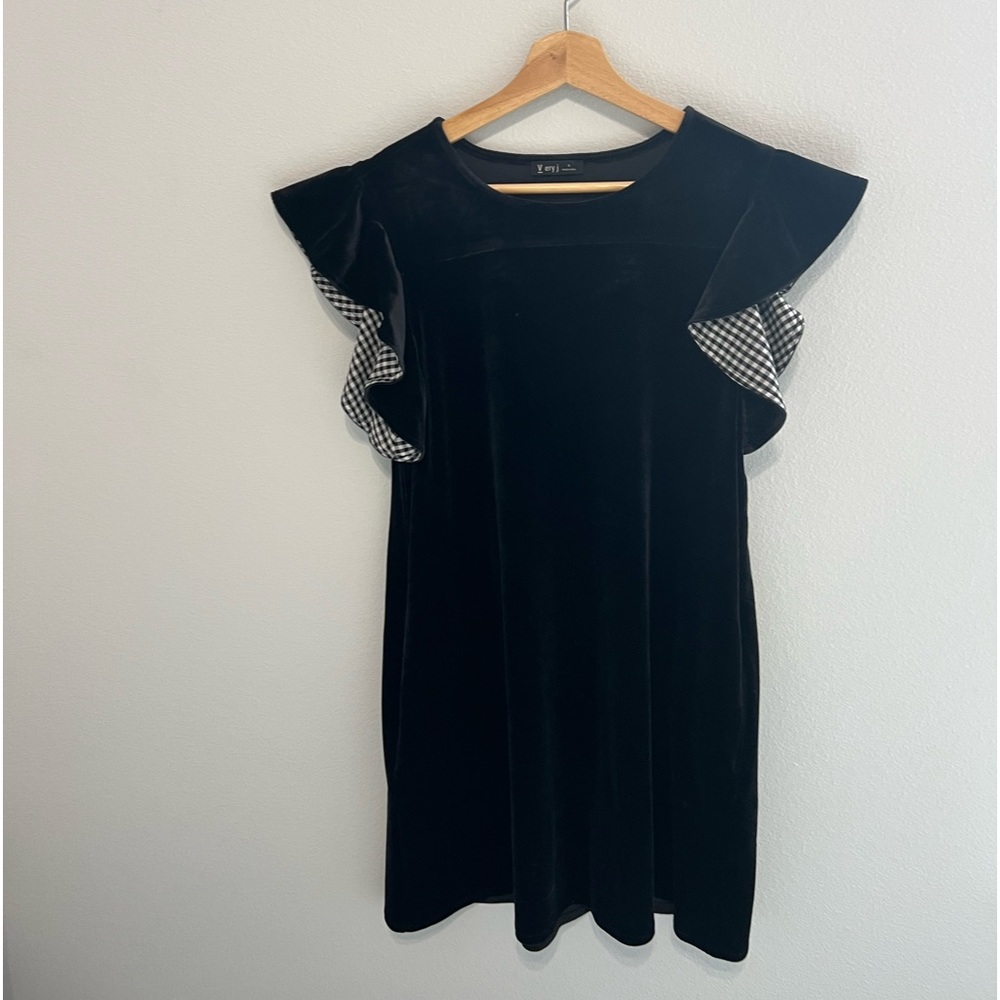 Velvet Black Mini Dress with Flutter Sleeves // Small